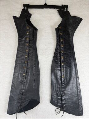 Elizabeth Melinek Strumpets Black Leather Riding Half Chaps Lace-Up Hem Brass